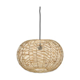 Noko Large Wicker Round Pendant Light in natural wicker, a flattened globe shade with open woven ribs on black flex, shown against a plain white background.