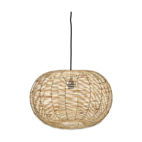 Noko Large Wicker Round Pendant Light in natural wicker, a flattened globe shade with open woven ribs on black flex, shown against a plain white background.
