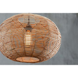 Close-up of the Noko Large Wicker Round Pendant Light in natural, showing its flattened globe shape with open woven ribs and a visible bulb inside, against a grey background.