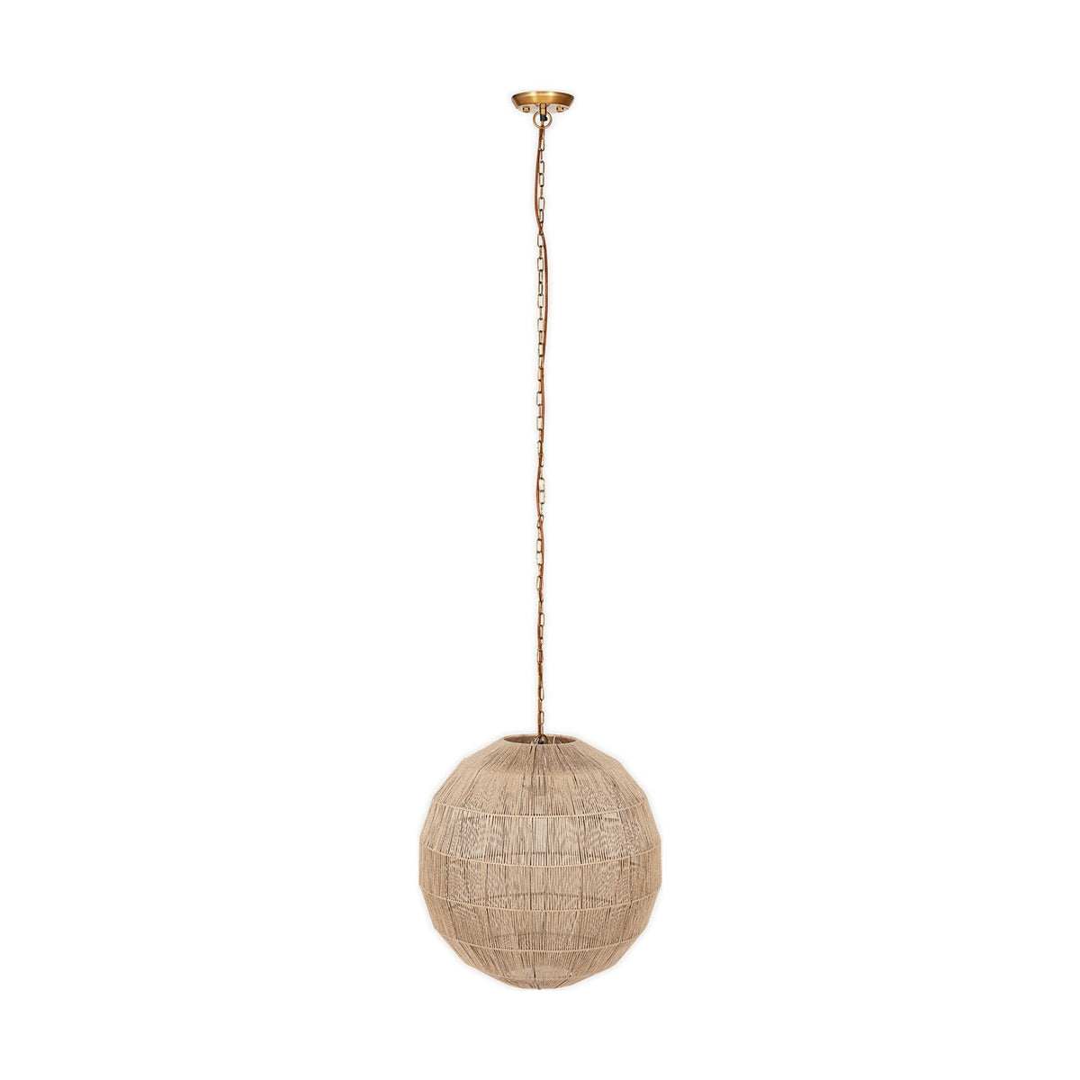 Nilaveli Woven Jute Sphere Pendant Light in natural jute, a single round shade on a brass ceiling cup and chain, shown against a plain white background.