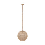Nilaveli Woven Jute Sphere Pendant Light in natural jute, a single round shade on a brass ceiling cup and chain, shown against a plain white background.