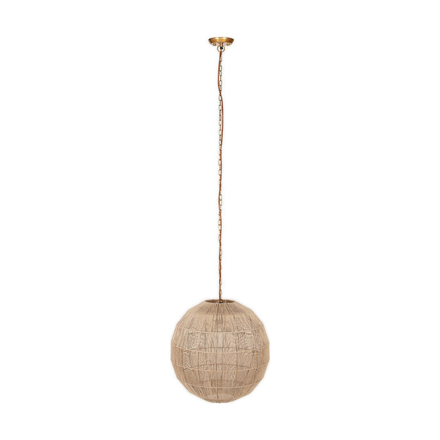 Nilaveli Woven Jute Sphere Pendant Light in natural jute, a single round shade on a brass ceiling cup and chain, shown against a plain white background.