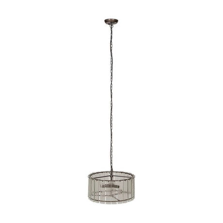 Nauka 3 Light Pendant Light in aged bronze, a shallow drum shade of curved clear pressed glass panes hung on a long chain, shown against a plain white background.