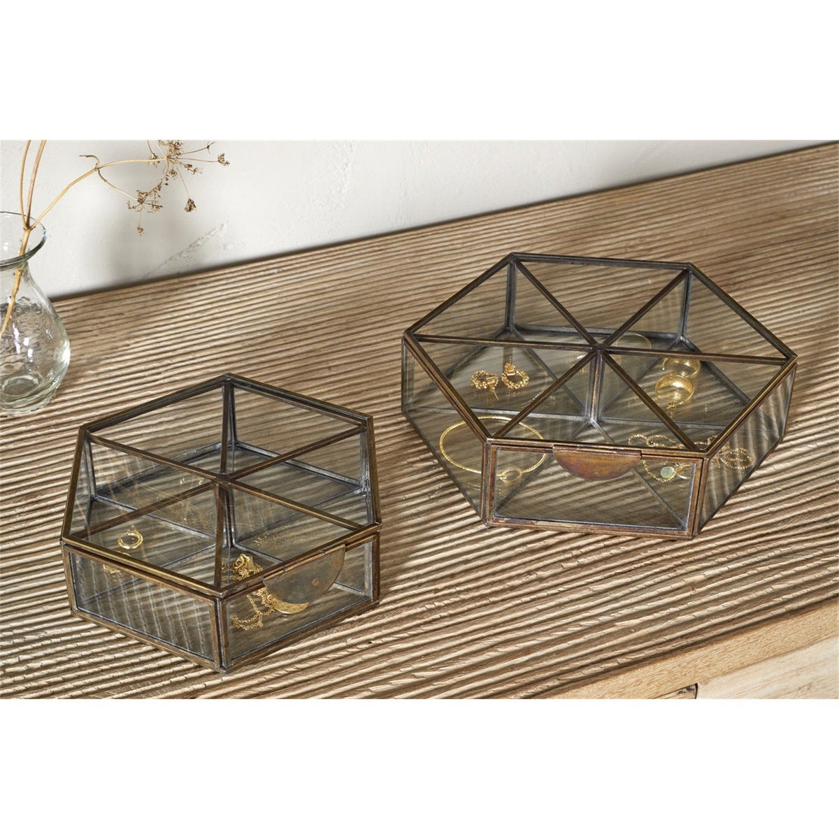 Sitara Large Glass Jewellery Box - Antique Brass