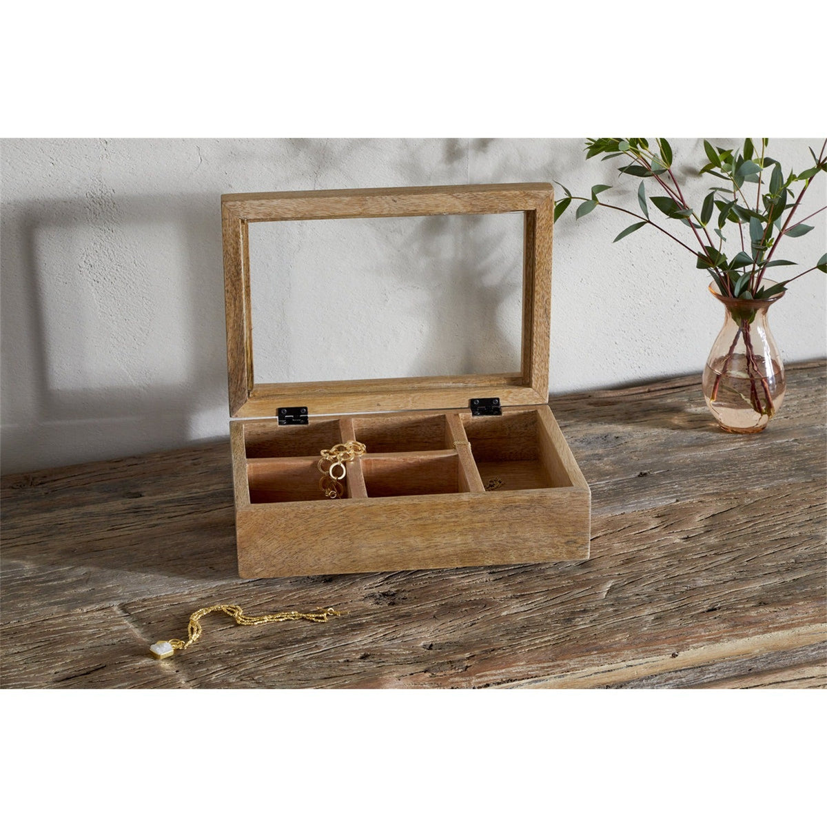 Kabani Mango Wood Glass Lid Jewellery Box - Natural