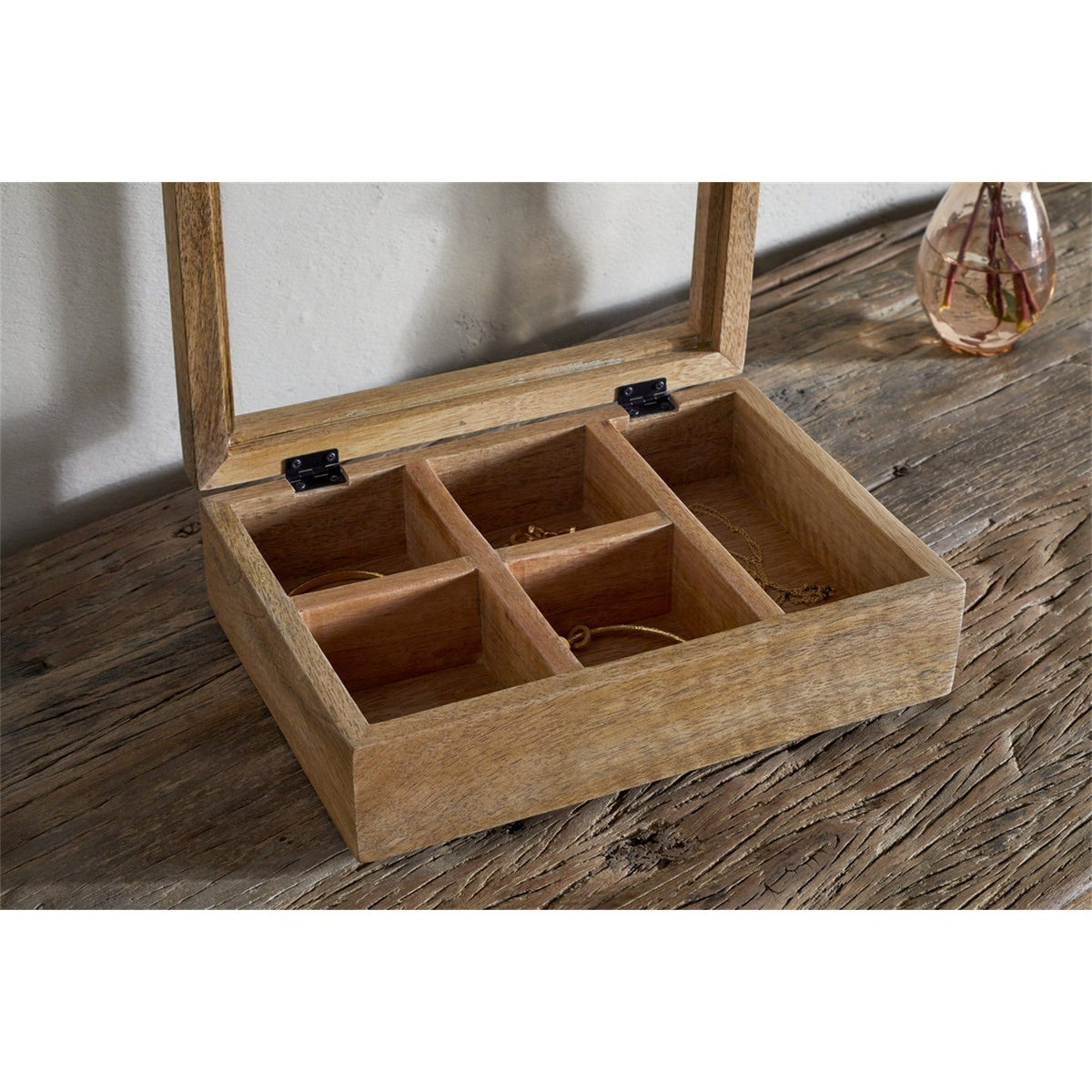 Kabani Mango Wood Glass Lid Jewellery Box - Natural