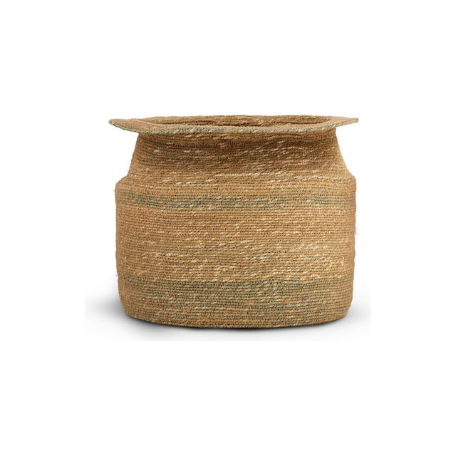 Rana Tall Storage Basket in natural seagrass with woven moss green bands, rounded body and broad rolled rim, shown on a plain white background.
