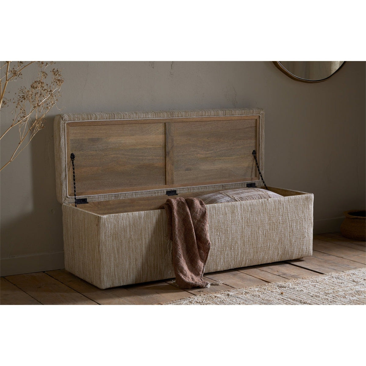 Aranya Cotton & Jute Upholstered Storage Bench - Natural
