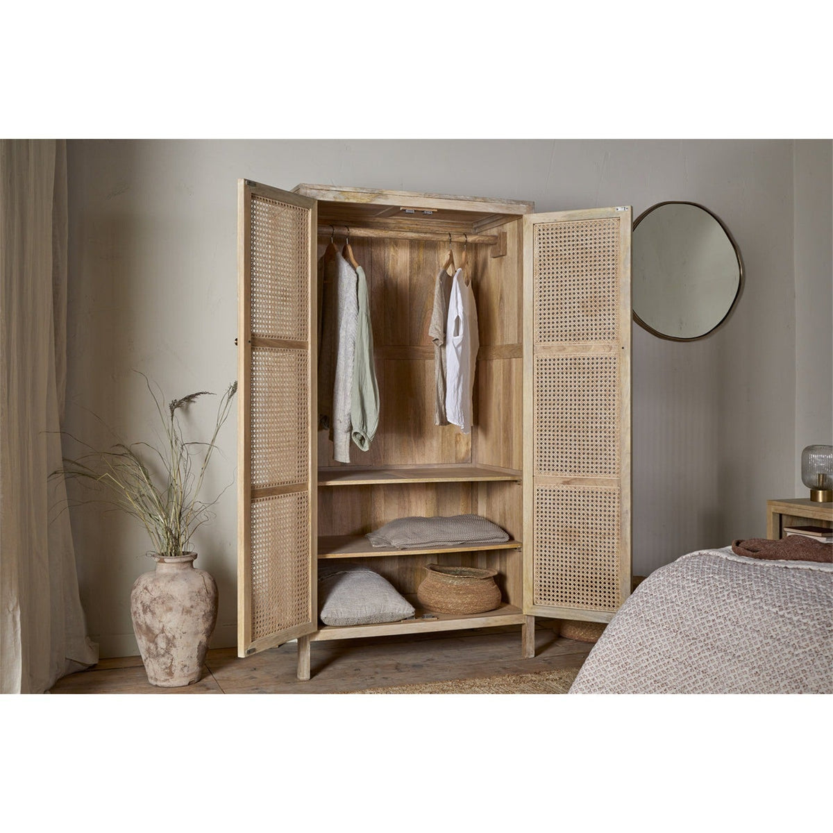 Kanz Mango Wood & Cane 2 Door Wardrobe - Natural