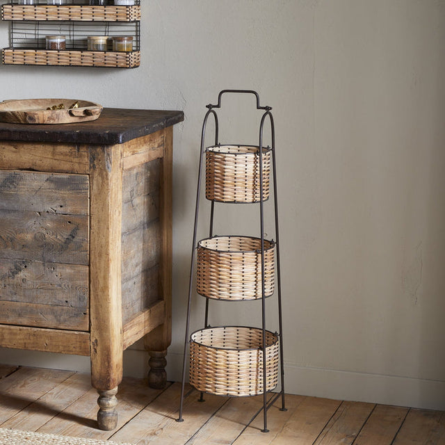 Montali Three Tier Iron & Rattan Caddy - Natural