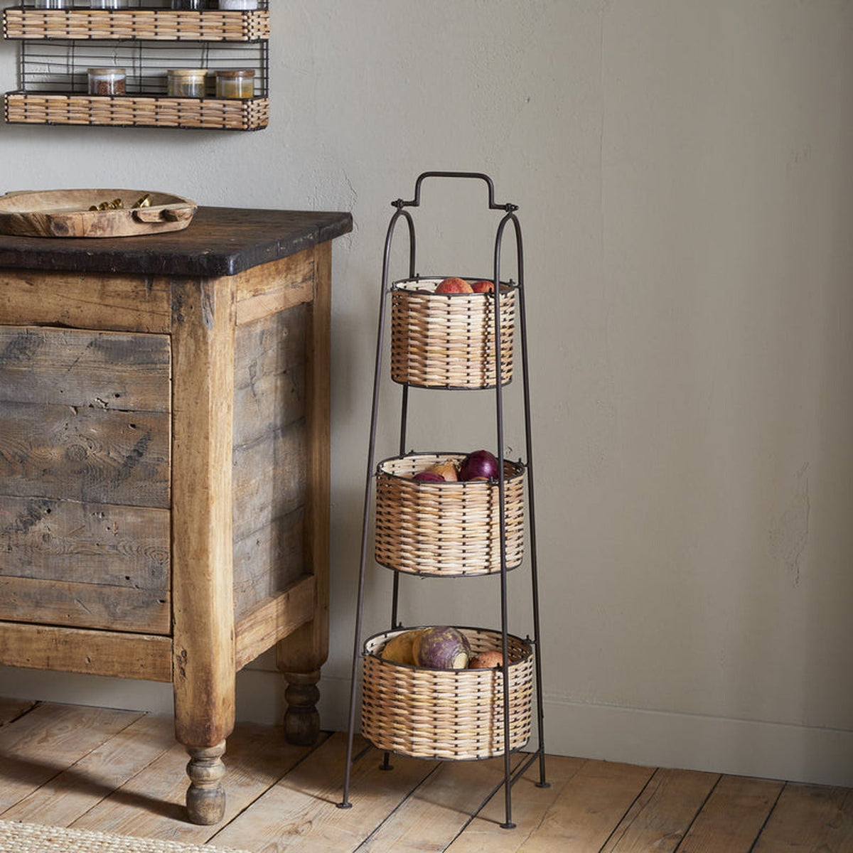 Montali Three Tier Iron & Rattan Caddy - Natural