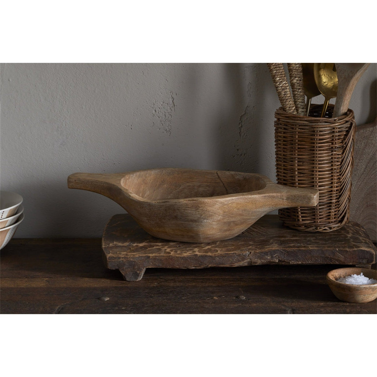 Naashta Small Handled Mango Wood Serving Bowl - Natural