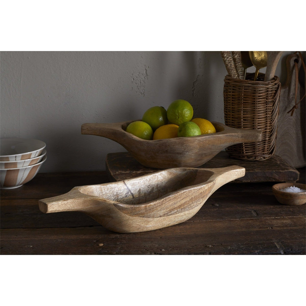 Naashta Large Handled Mango Wood Serving Bowl - Natural