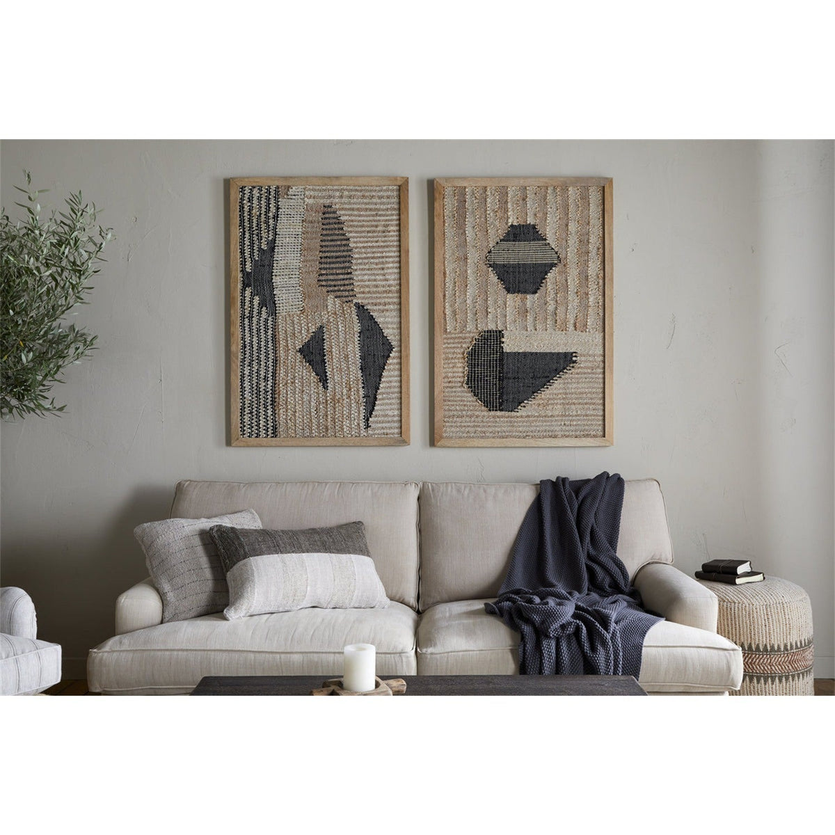 Birala Large Textured Wall Art - Natural & Dark Blue