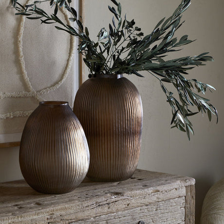 Linsy Large Ribbed Glass Vase - Smoke Brown