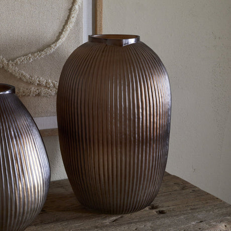 Linsy Small Ribbed Glass Vase - Smoke Brown