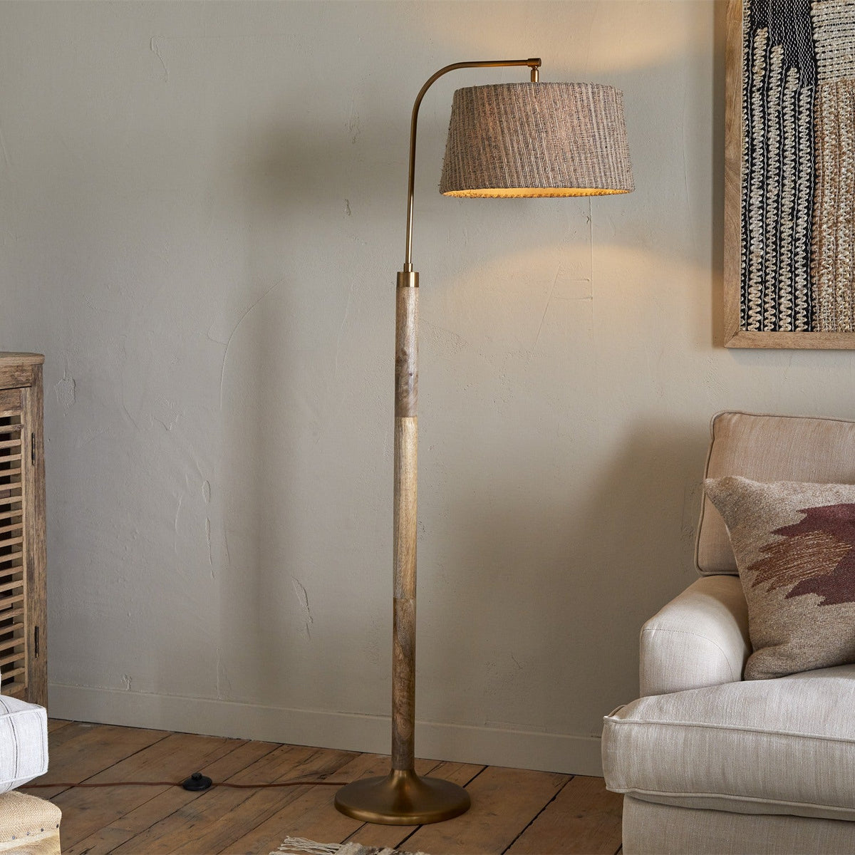 Kera Wood & Metal Floor Lamp Base - Antique Brass