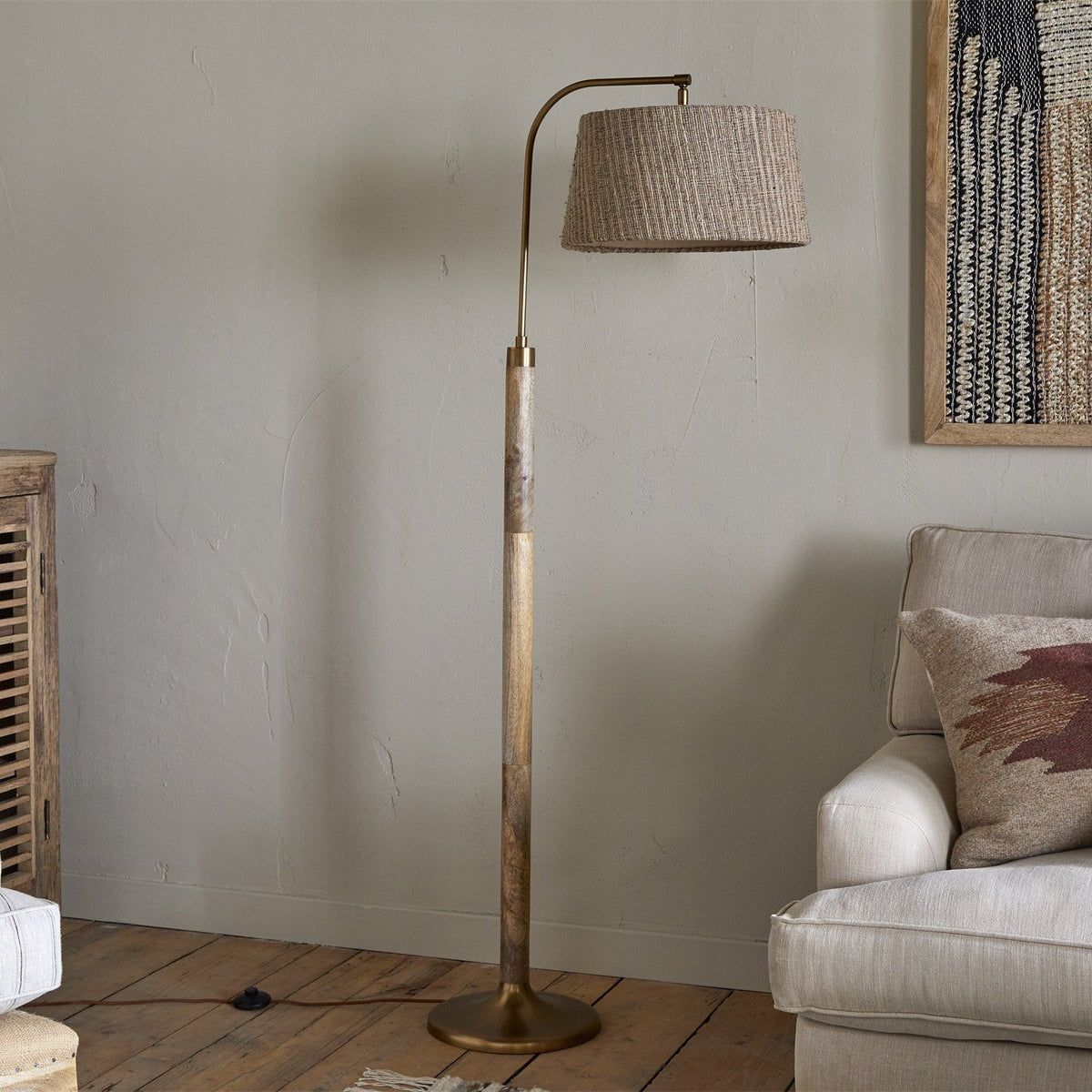 Kera Wood & Metal Floor Lamp Base - Antique Brass
