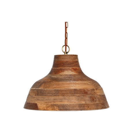 Nadi Grooved Wood Pendant Light in natural mango wood with fine horizontal grooves, a domed bell shade, and antique brass chain fitting, shown on a plain white background.