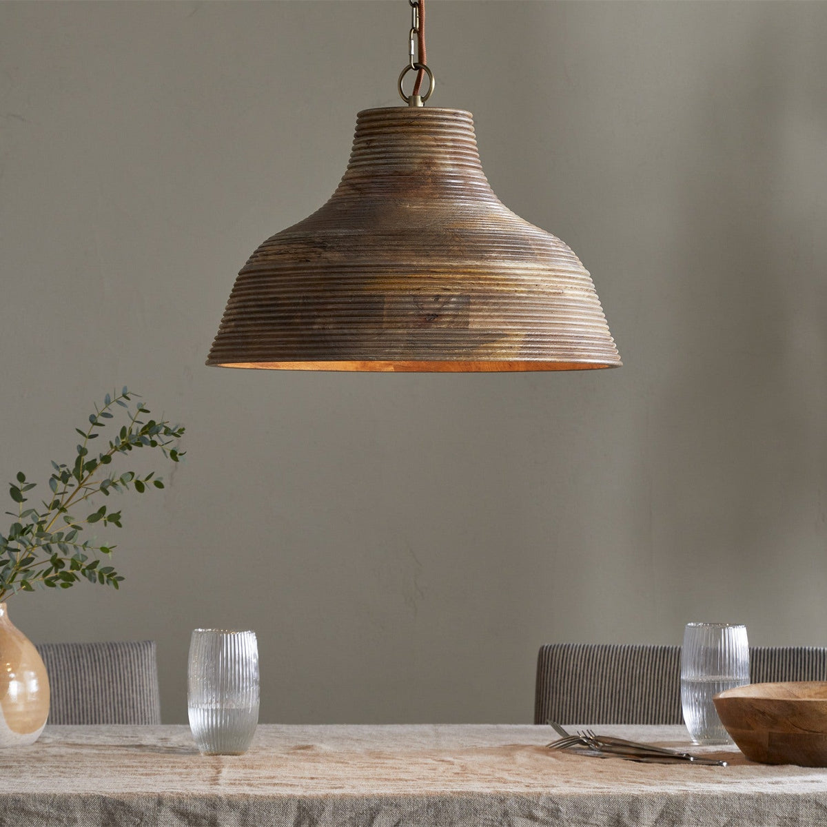 Nadi Grooved Wood Pendant Light - Natural & Antique Brass