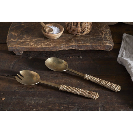 Abani Seagrass Wrapped Salad Servers - Antique Brass