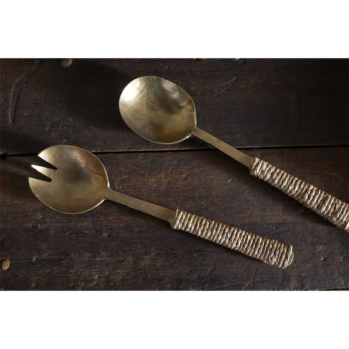 Abani Seagrass Wrapped Salad Servers - Antique Brass