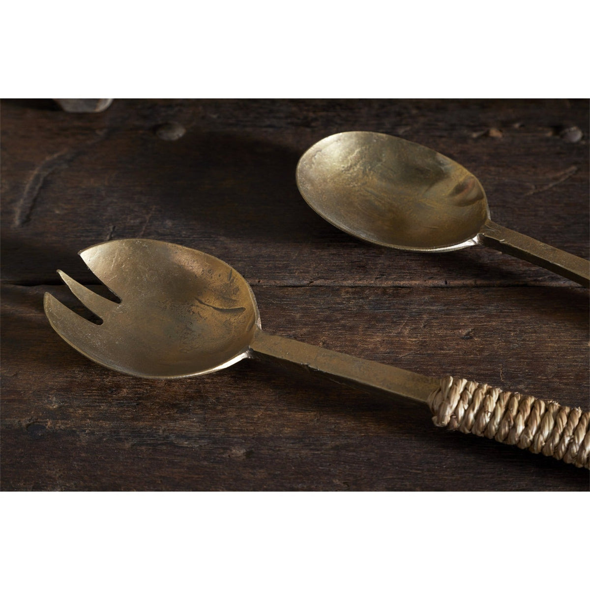 Abani Seagrass Wrapped Salad Servers - Antique Brass
