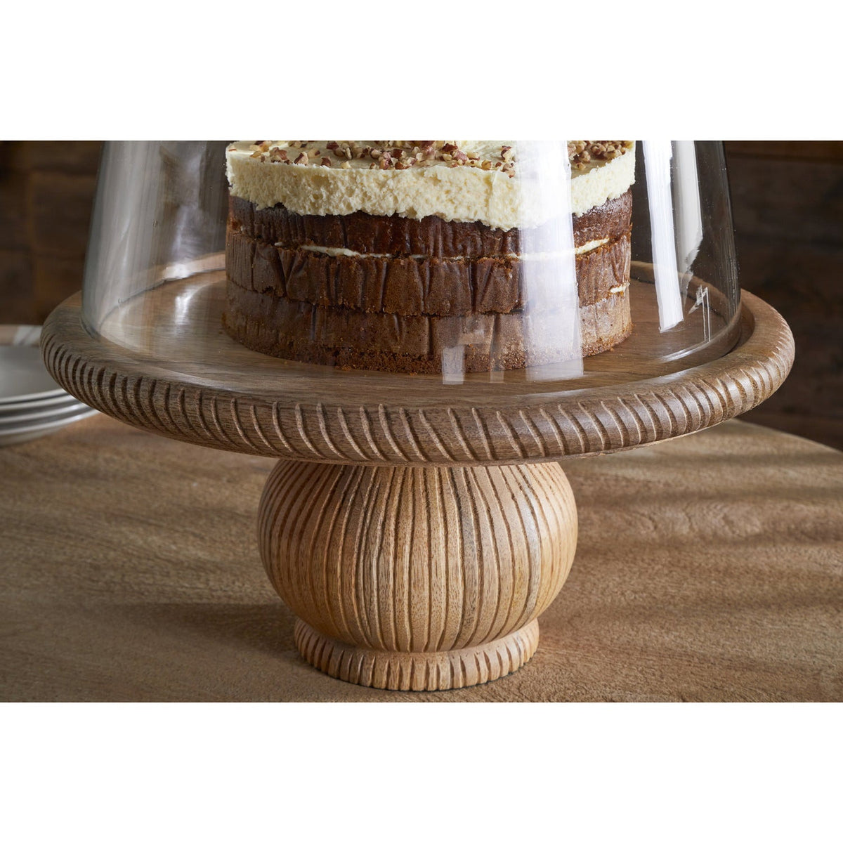 Vivan Mango Wood Cake Stand & Glass Dome - Natural