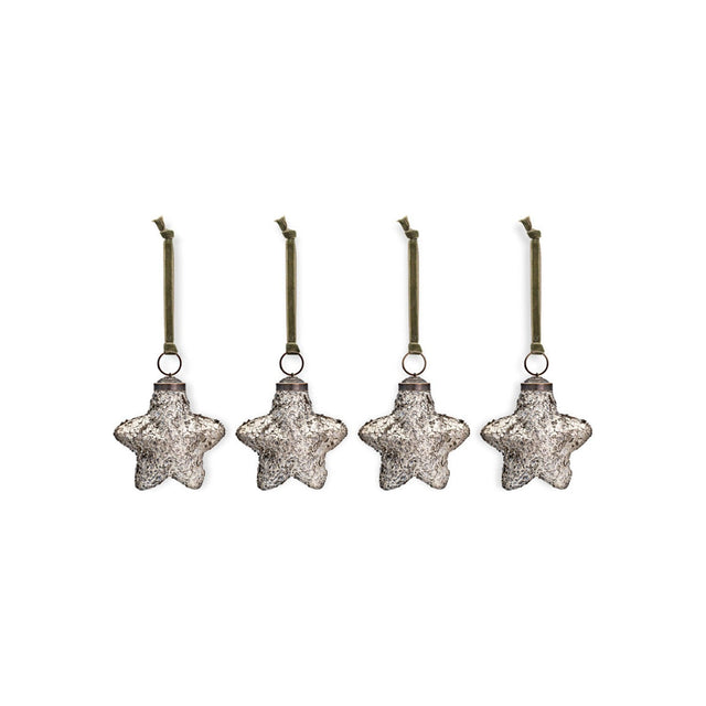 Riyara Glass Star Baubles - Silver Sparkle - Set of 4