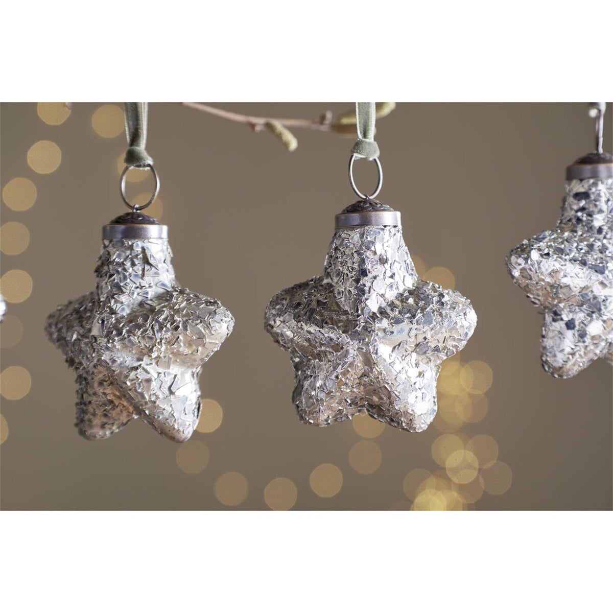 Riyara Glass Star Baubles - Silver Sparkle - Set of 4