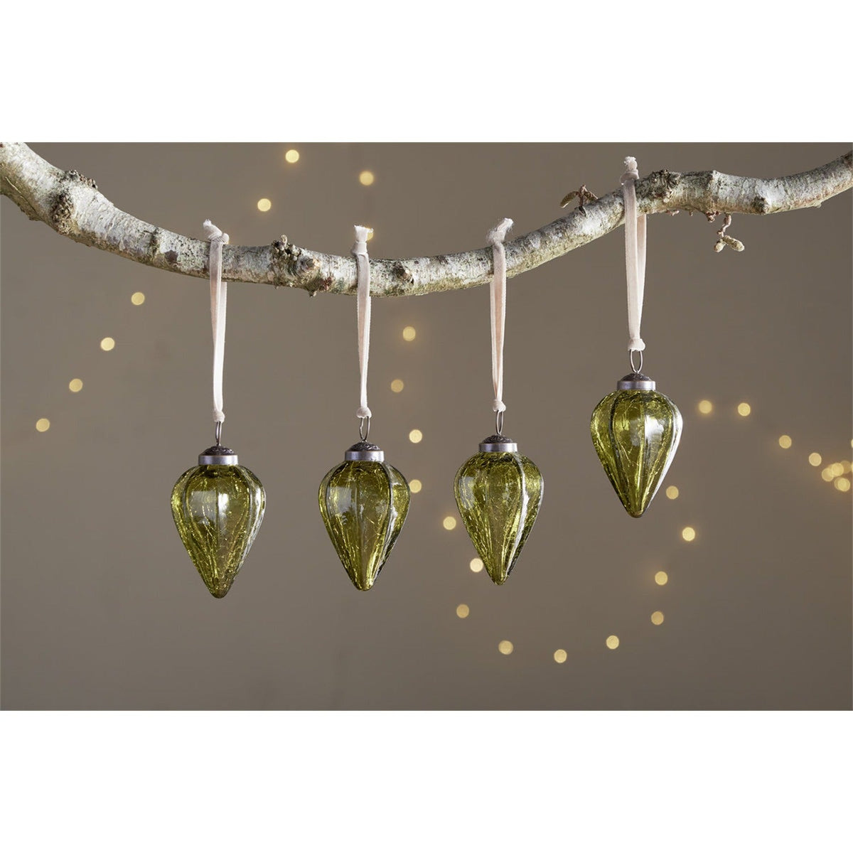 Khela Teardrop Recycled Glass Baubles - Moss - Set of 4