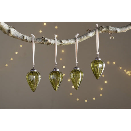 Khela Teardrop Recycled Glass Baubles - Moss - Set of 4