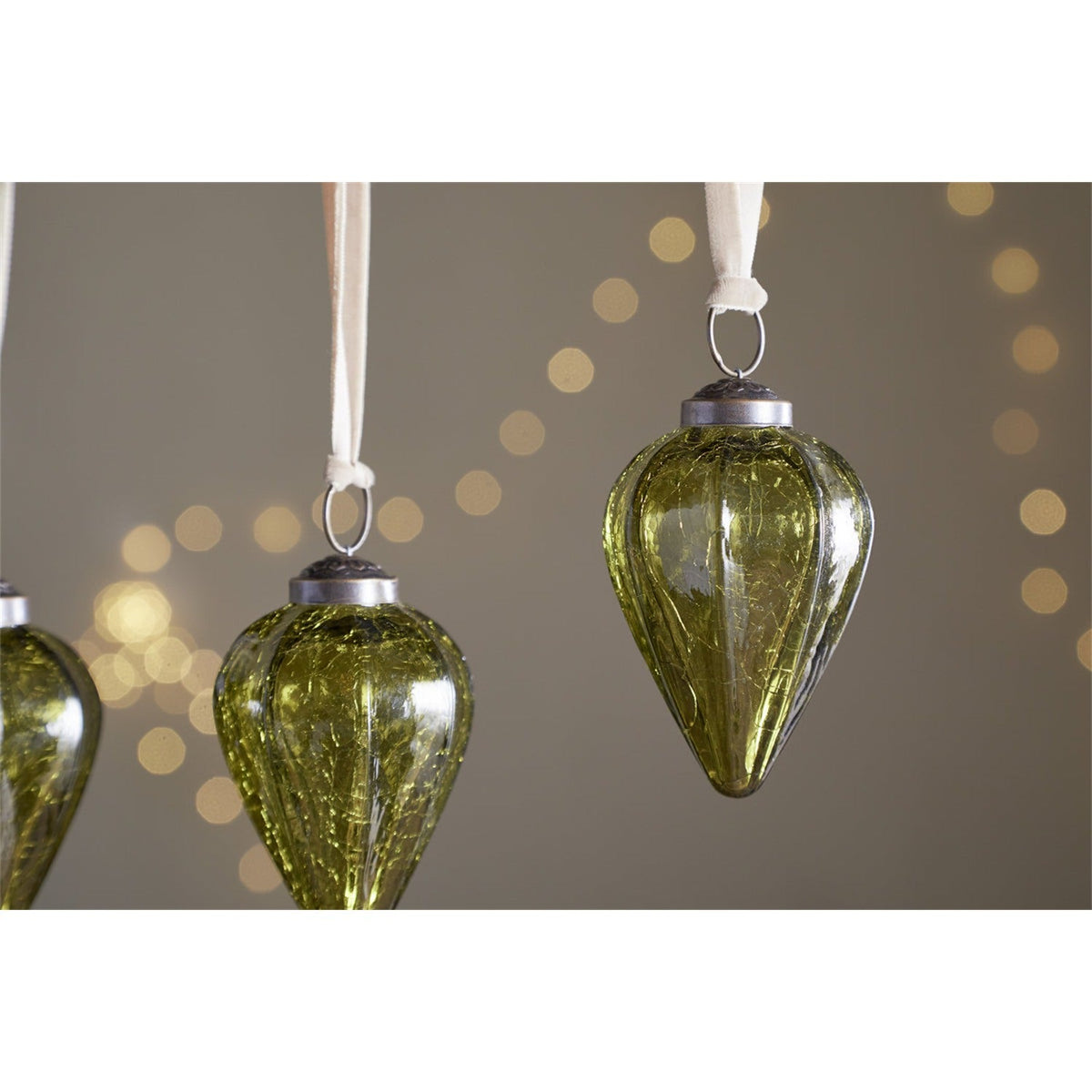 Khela Teardrop Recycled Glass Baubles - Moss - Set of 4