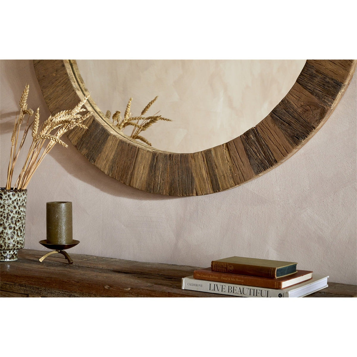 Ibo Large Reclaimed Wood Round Wall Mirror - Natural