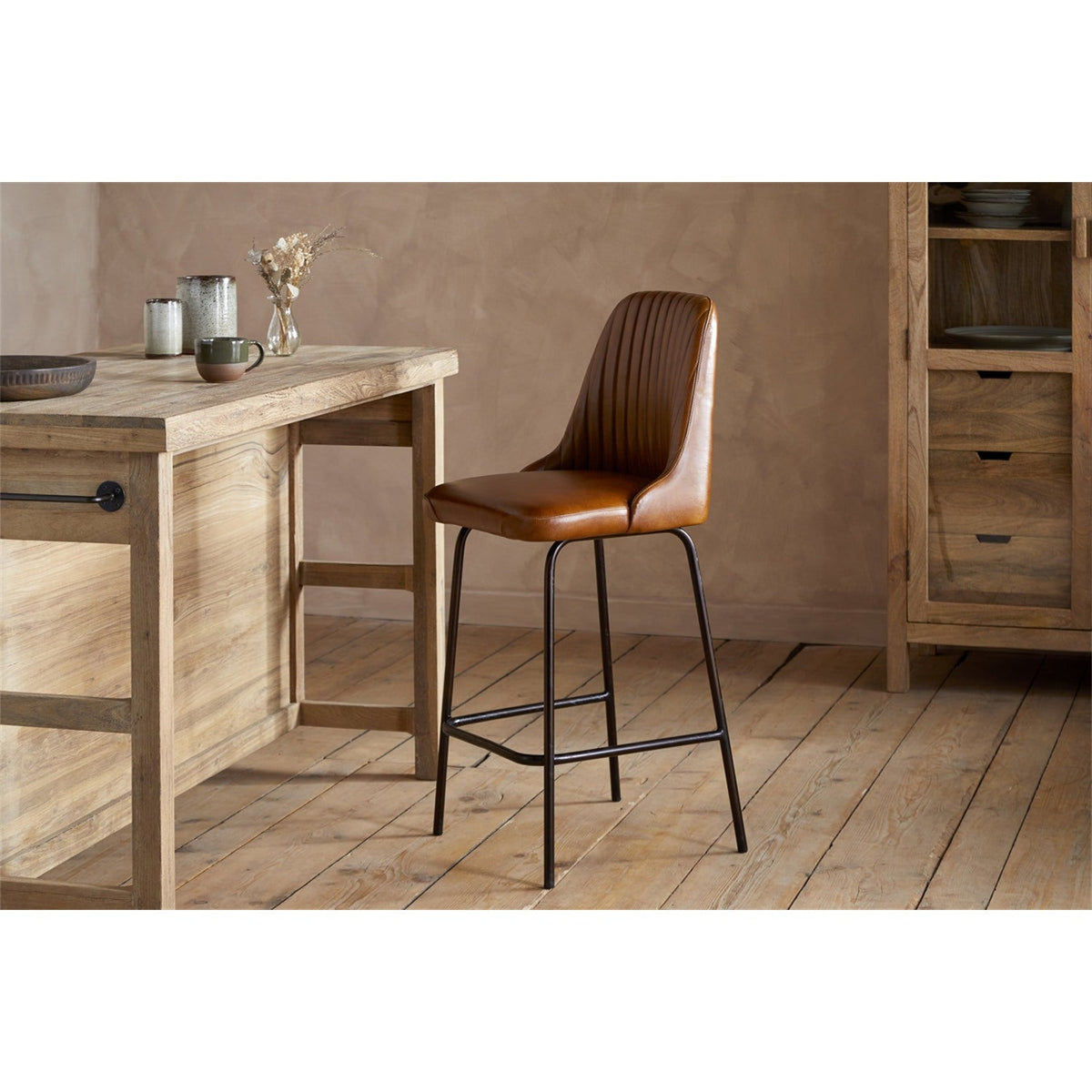Harsha Ribbed Leather Counter Stool - Aged Tan