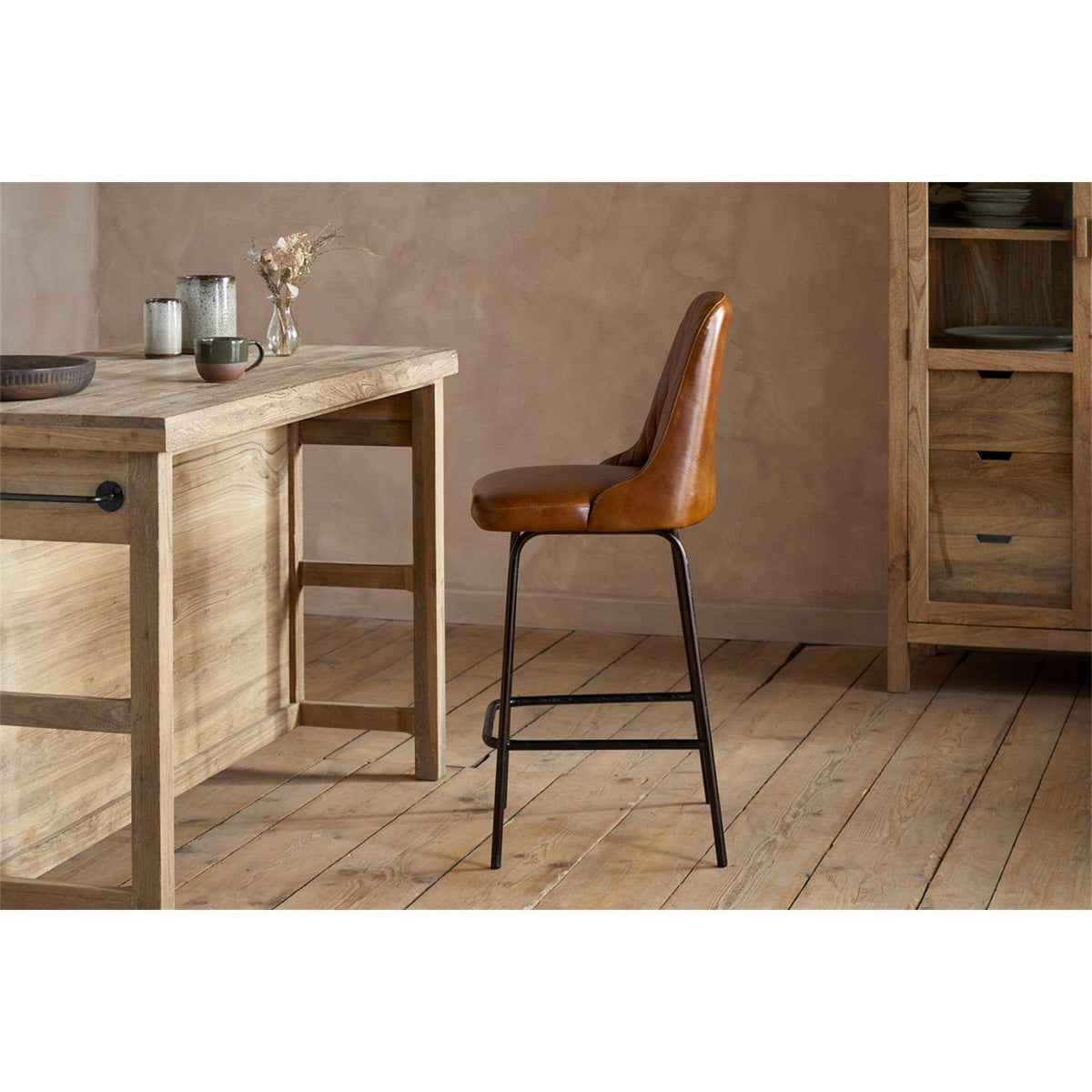Harsha Ribbed Leather Counter Stool - Aged Tan