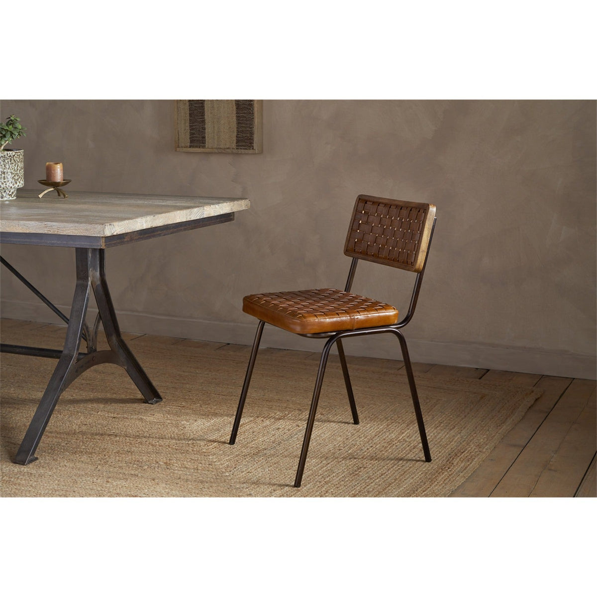 Amala Woven Leather & Iron Dining Chair - Aged Tan
