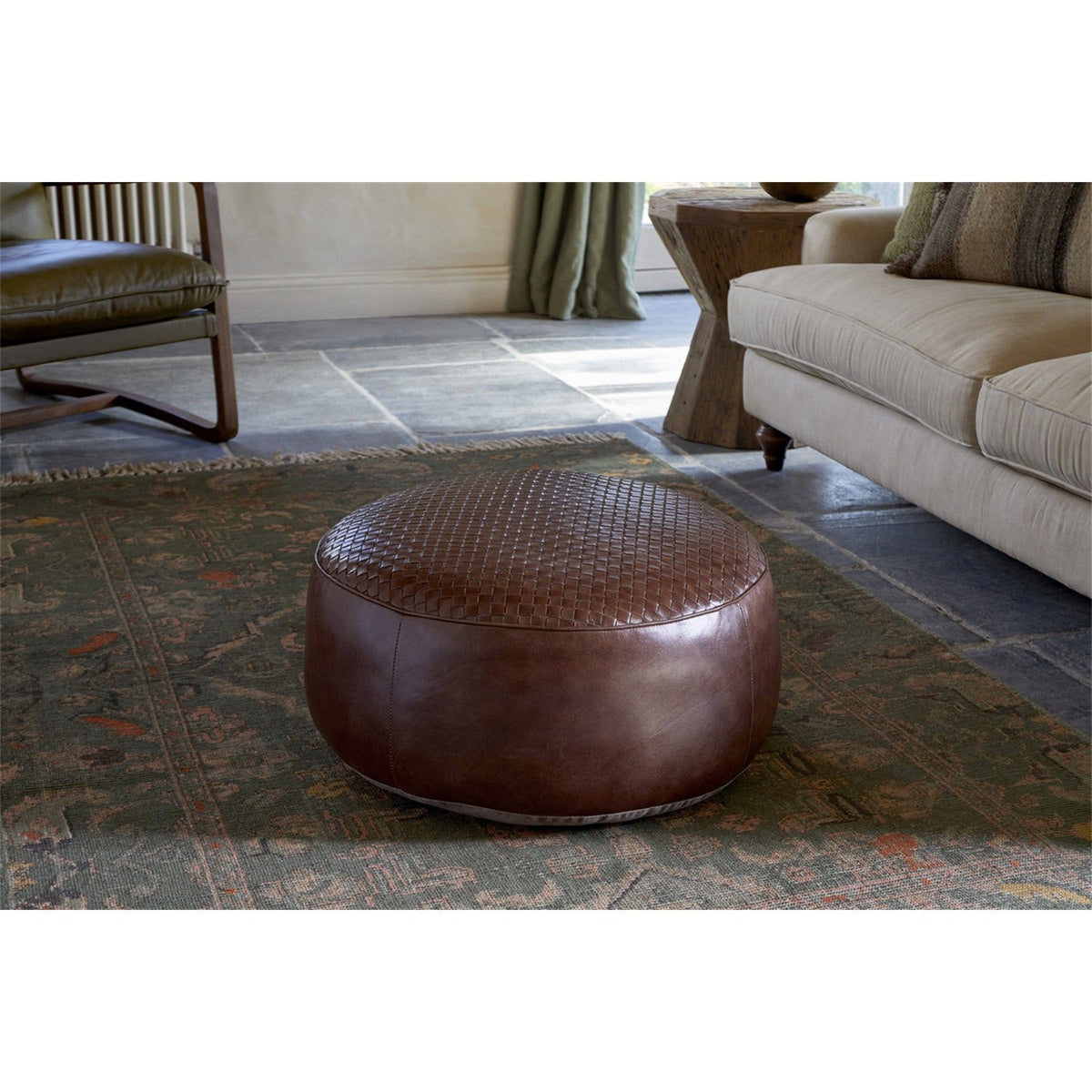 Farida Woven Leather Pouffe - Chocolate Brown