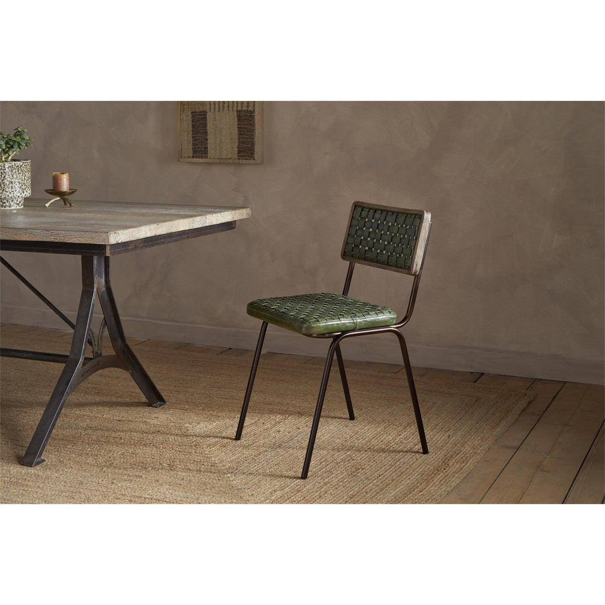 Amala Leather Weave & Iron Dining Chair - Rich Green