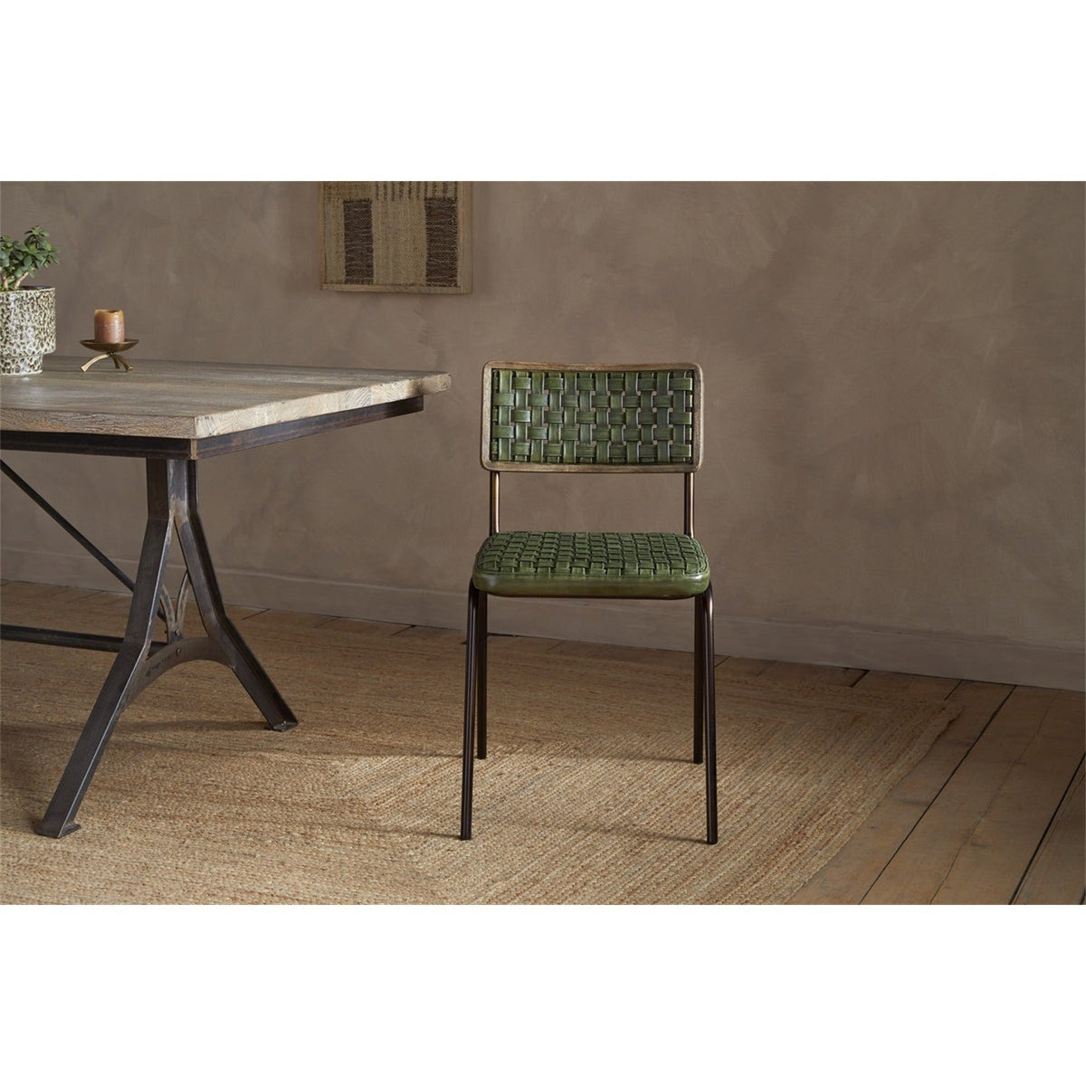 Amala Leather Weave & Iron Dining Chair - Rich Green