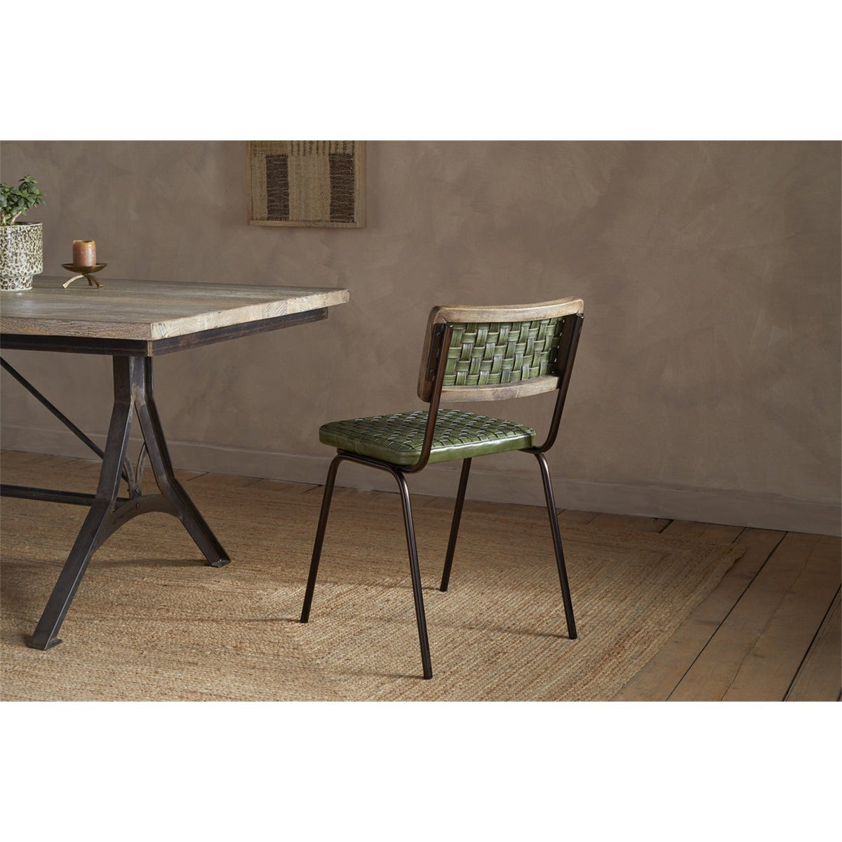 Amala Leather Weave & Iron Dining Chair - Rich Green