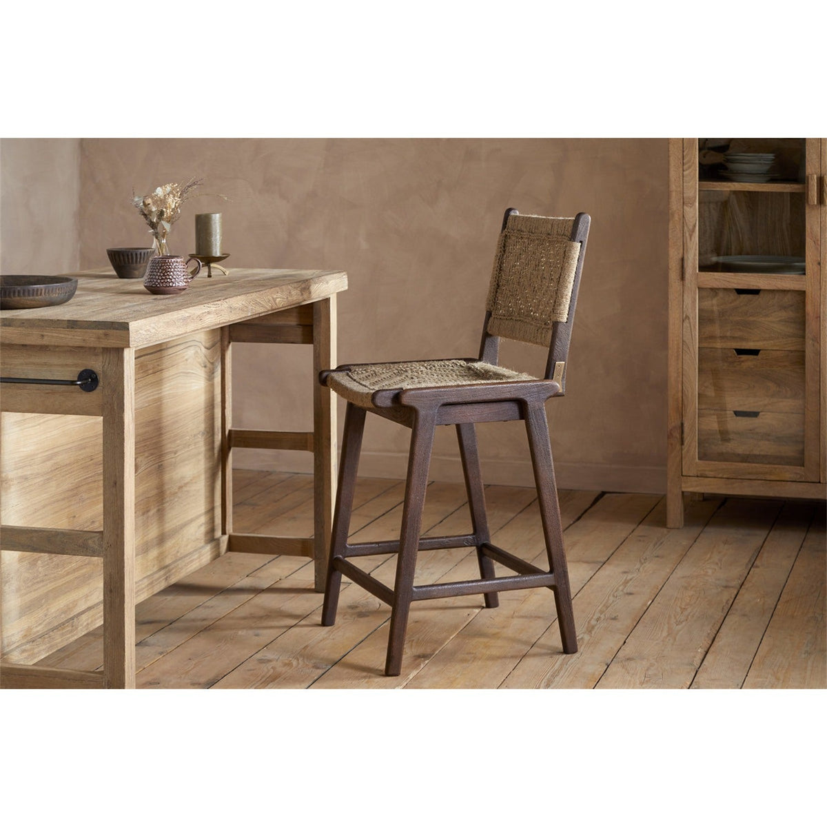 Vinay Jute & Wood Woven Counter Stool - Chocolate Brown
