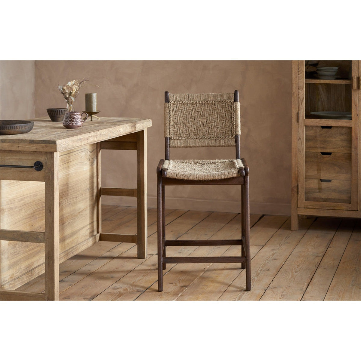 Vinay Jute & Wood Woven Counter Stool - Chocolate Brown