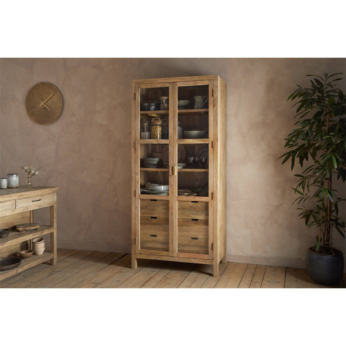 Artha Mango Wood & Glass Tall Display Cabinet - Natural