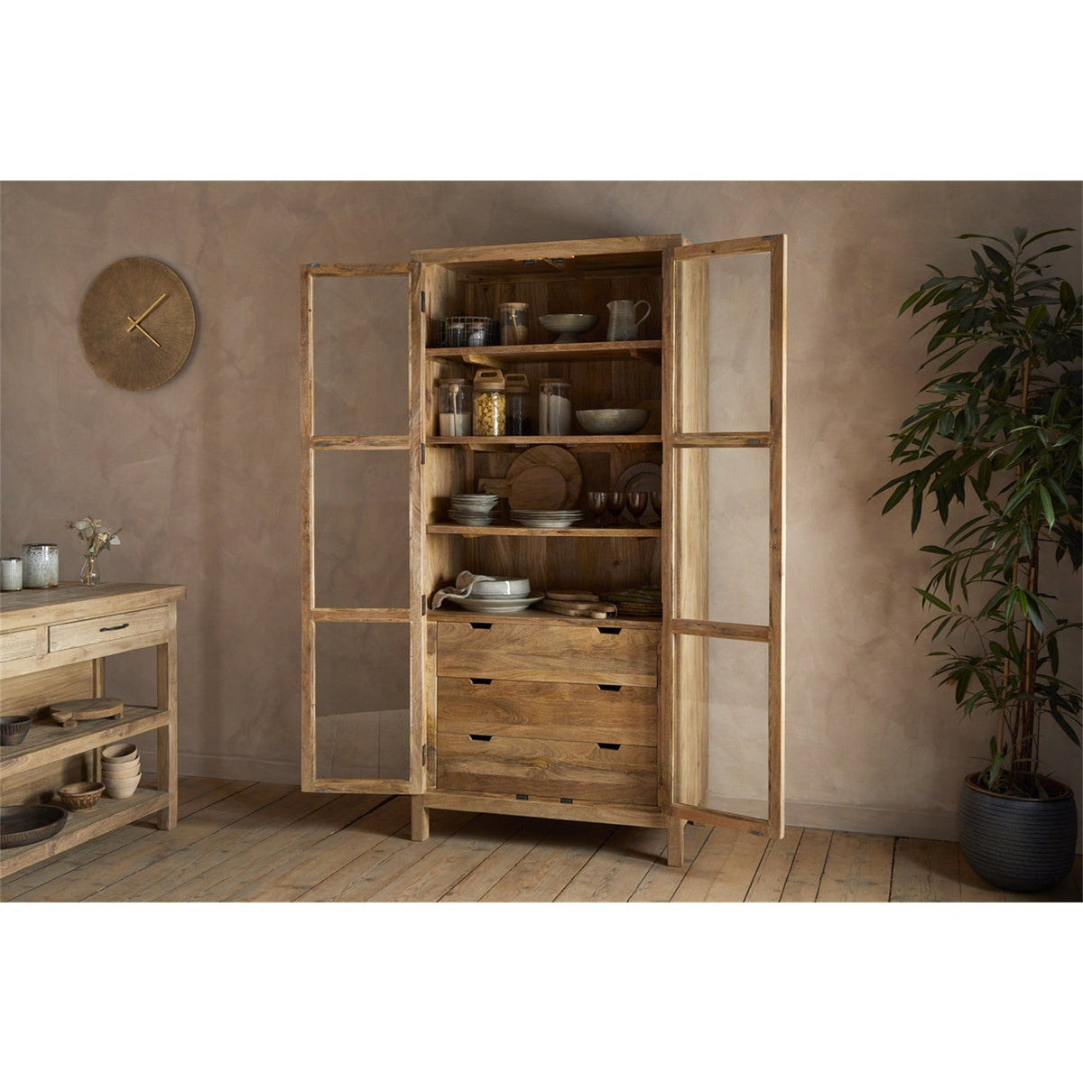 Artha Mango Wood & Glass Tall Display Cabinet - Natural