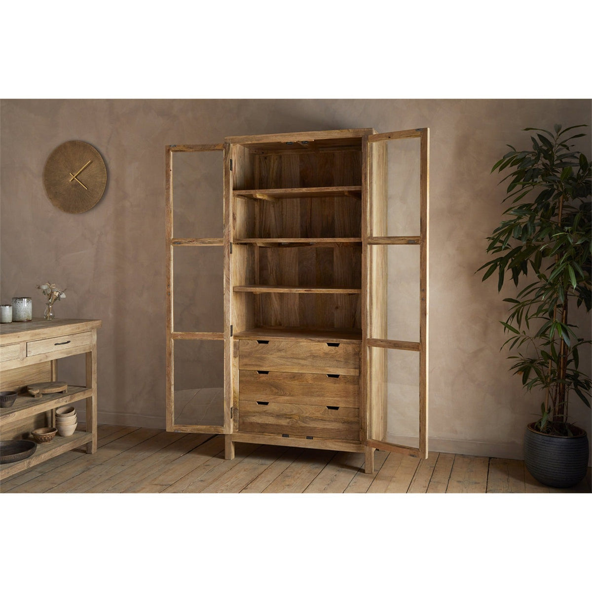 Artha Mango Wood & Glass Tall Display Cabinet - Natural