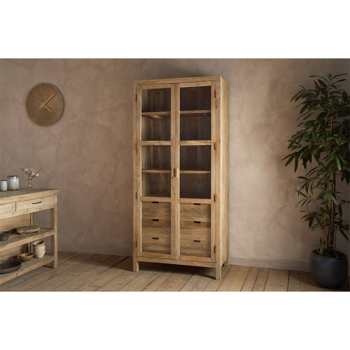Artha Mango Wood & Glass Tall Display Cabinet - Natural