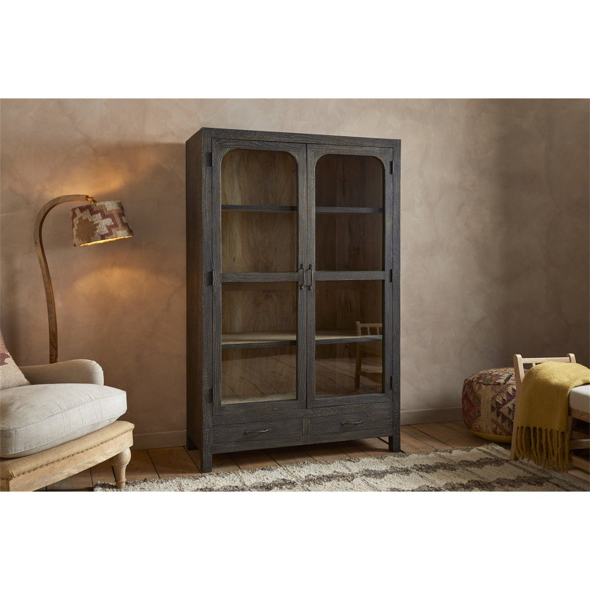 Valin Wide Mango Wood & Glass Display Cabinet - Charcoal