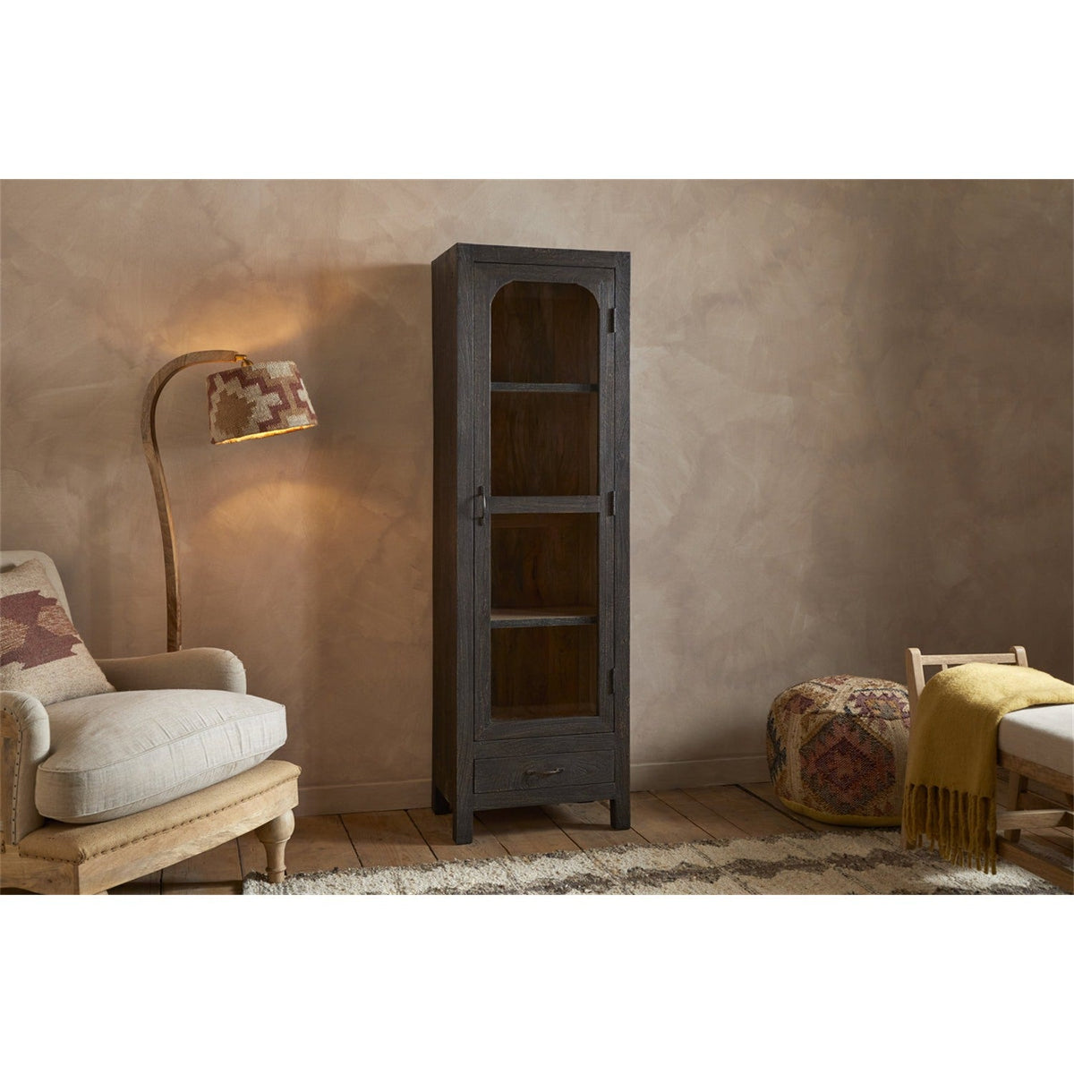 Valin Tall Mango Wood & Glass Display Cabinet - Charcoal