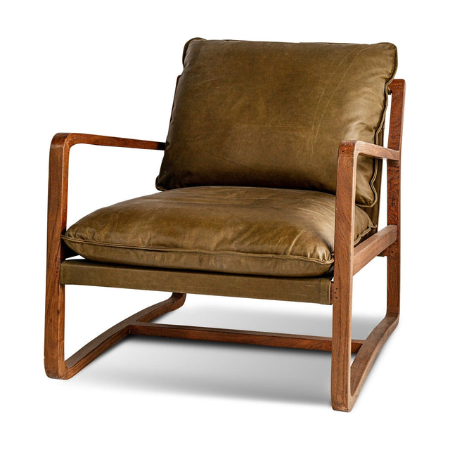 Baloo Acacia Wood & Leather Armchair - Olive Green